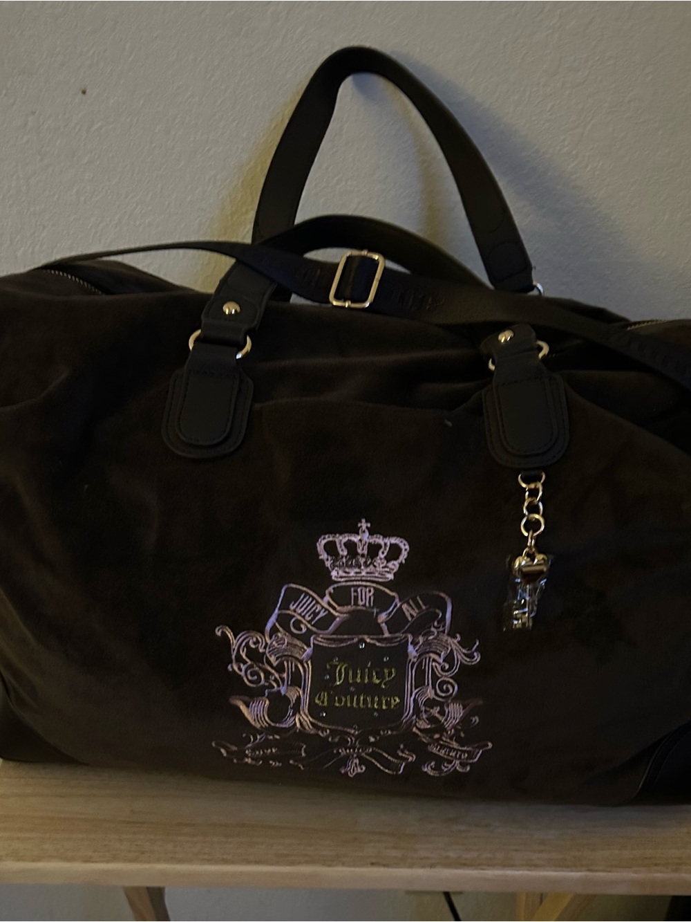 Juicy Couture dark brown Duffel Bag with Pink Crest Embroidery